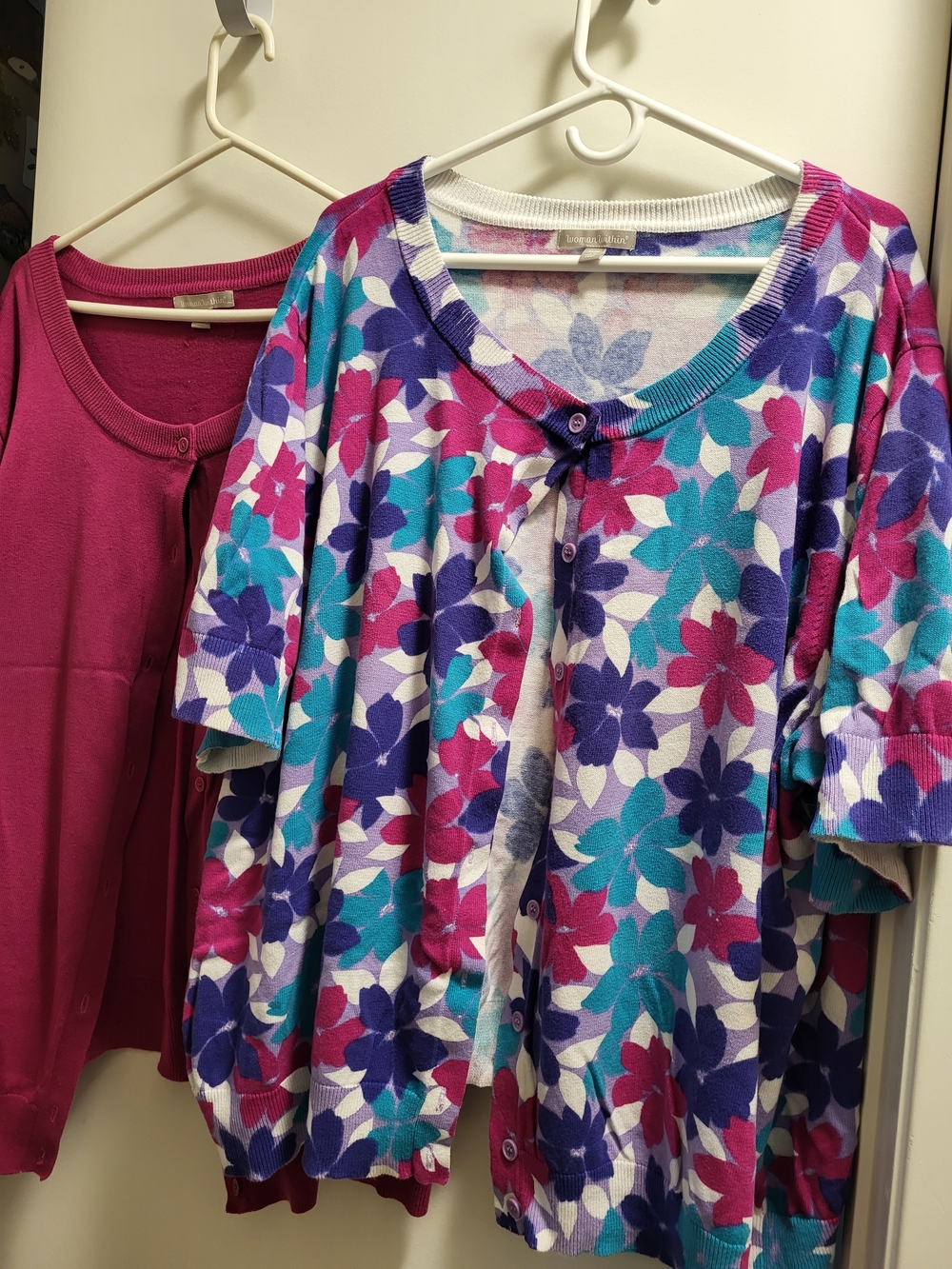 2 Woman Within 4X 34/36W SS Cotton Cardigan Sweaters Magenta / Floral Print